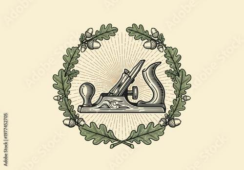 Vintage woodworking plane emblem with oak leaves and acorns