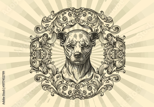 Intricate Vintage Dog Portrait with Ornate Frame