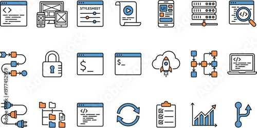 Web development and programming workflow icons set including coding UI design server security deployment process vector illustration collection