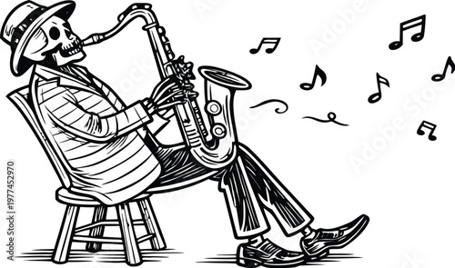 Skeleton playing saxophone vintage engraving jazz musician vector illustration. A black and white vintage vector illustration of a skeleton sitting on a wooden chair, wearing a classic hat and dress s