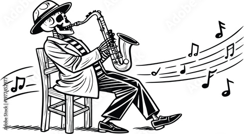 Skeleton playing saxophone vintage engraving jazz musician vector illustration. A black and white vintage vector illustration of a skeleton sitting on a wooden chair, wearing a classic hat and dress s