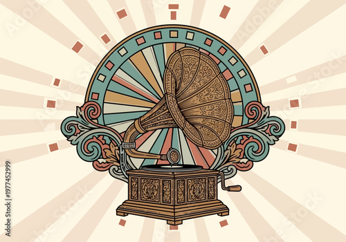 Retro Gramophone Illustration with a Stylized Sunburst Background