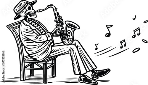 Skeleton playing saxophone vintage engraving jazz musician vector illustration. A black and white vintage vector illustration of a skeleton sitting on a wooden chair, wearing a classic hat and dress s