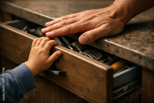 Adult Hand Stopping Child from Opening Drawer