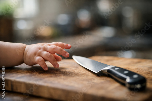 Baby Hand Near Knife on Cutting Board