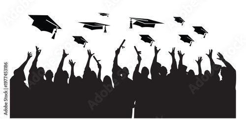 Graduation celebration silhouette illustration, flying caps, academic success, student achievement, figures and group celebration.