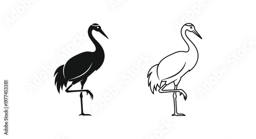 Black and White Crane Bird Silhouette Designs Vector