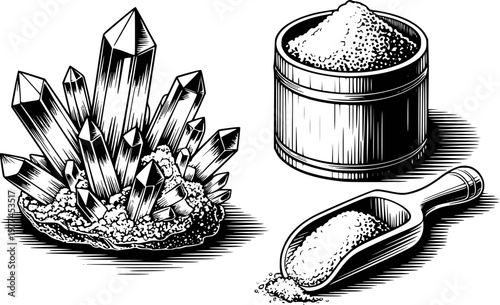 Engraved black and white of quartz crystals, wooden bucket, and scoop of granules