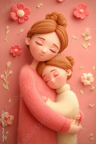 Mothers Day, Valentines Day, love holiday theme. A mother and daughter embracing in a loving hug against a vibrant pink background adorned with delicate flowers and leaves.
