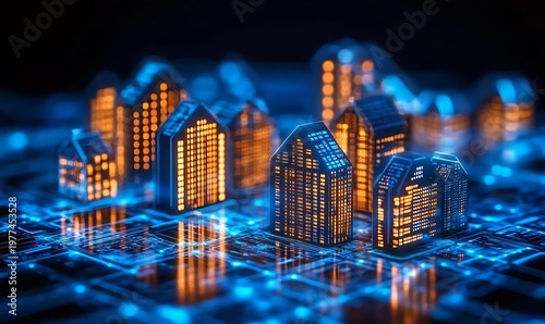 3D Render of Smart City with Glowing Blue Outlines and Golden Internal Lights