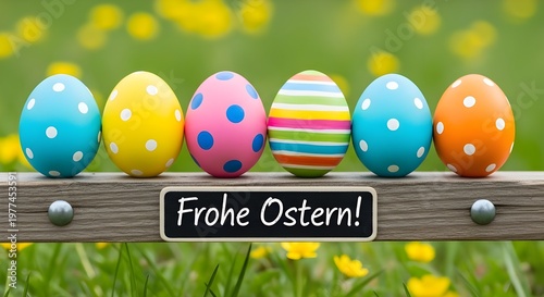 Frohe Ostern Grußkarte, Karte mit deutschem Text - Ostereier mit Holzschild Tafel auf Wiese
