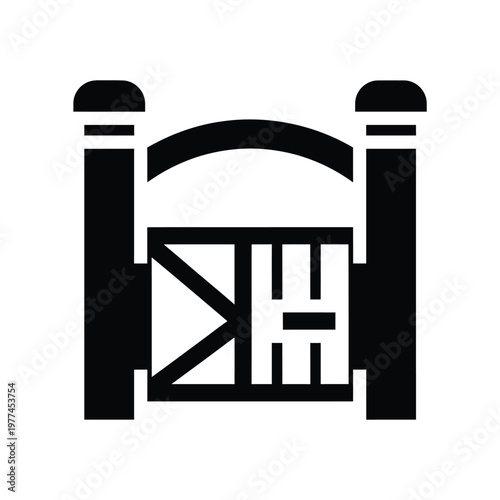 Minimalist black and white illustration of a closed gate with two pillars, simple and elegant design