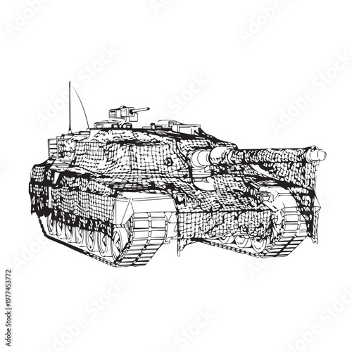 Monochrome sketch of a battle ready tank with turret and tracks.