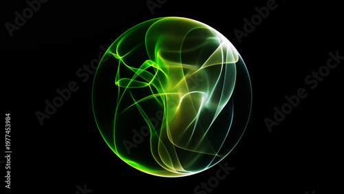 Abstract glowing green energy sphere with flowing light lines forming dynamic plasma wave structure futuristic digital motion deep contrast seamless loop animation 4K resolution