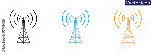 Cell tower icons in black, Blue, And orange on white background