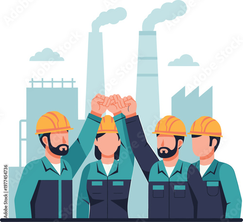 A professional businessman and his business team, including a woman, work together in an office setting near a power plant illustration featuring cartoon vector people icons and success symbols