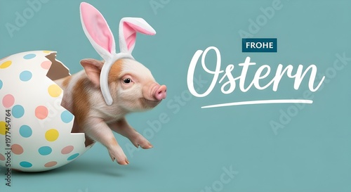Frohe Ostern Konzept, Ferien Feiertag Grußkarte, Karte mit deutschem Text - Lustiger Osterhase Schwein Ferkel mit Hasenohren und Osterei isoliert auf blauem Hintergrund 
