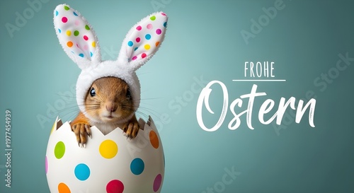 Frohe Ostern Konzept, Ferien Feiertag Grußkarte, Karte mit deutschem Text - Lustiger Osterhase Eichhörnchen mit Hasenohren und Osterei isoliert auf blauem Hintergrund