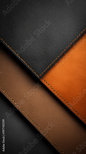 Luxury Leather Texture Background Black Orange and Beige with Stitching Minimal Fashion Design
