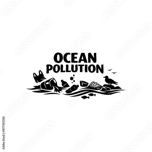 Ocean pollution silhouette vector illustration with plastic waste and sea animals