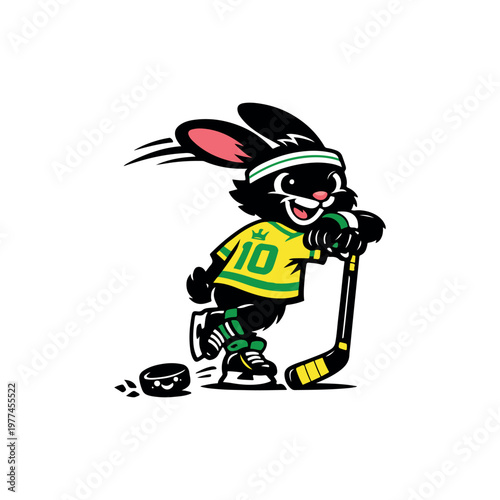 Photography Cute bunny rabbit ice hockey mascot character posing with hockey stick vector il