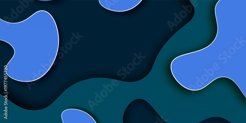 Paper cut topography relief imitation, blue colors multi layers banner. Abstract water flowing liquid texture art design, origami paper cut layer smooth shape vector illustration