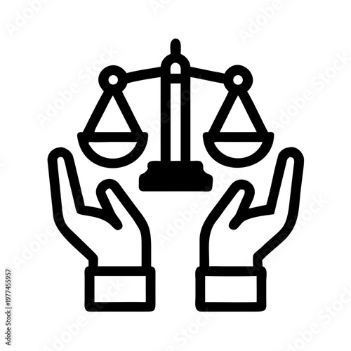 Hands holding a scale symbolizing justice and balance in a minimalistic style.
