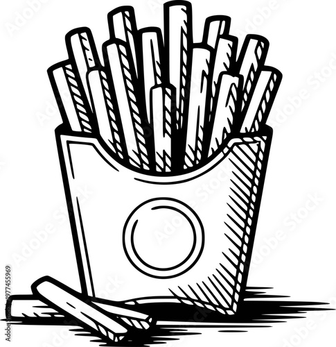 Hand-drawn black and white french fries in cardboard container, isolated white potato