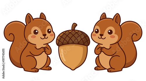 Two Cute Squirrels and Acorn Vector Illustration, Adorable Forest Animal Characters Isolated on White Background, Wildlife Design for Kids Themes