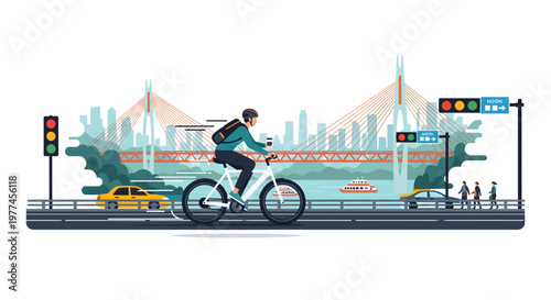 Cycling cityscape with bridge and traffic lights, urban cyclist
