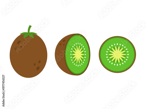 Fresh Kiwi Fruit Vector Illustration Set Showing Whole Fruit Half Cut and Sliced View, Healthy Organic Food Design Element Isolated on White Background