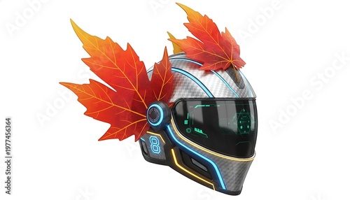 Futuristic motorcycle helmet with autumn leaves.