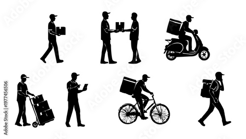 Delivery workers in various actions.
