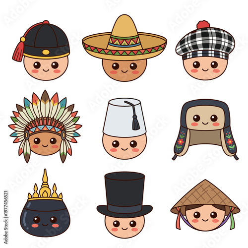 Cultural Diversity Traditional Hats and Headdresses Collection, Cute Characters Wearing Global Ethnic Headwear, International World Cultures Mascot Art