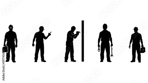 Silhouettes of construction workers with tools.