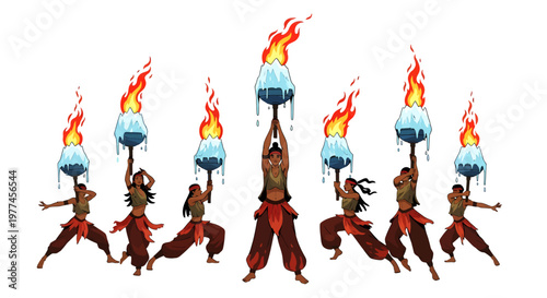 dancers performing with fire poi, dynamic movement sequence