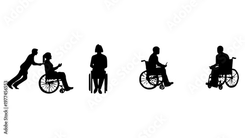 People in wheelchairs and assisting.