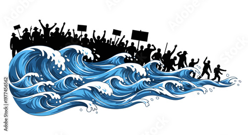 protesters crowd running on ocean waves with signs and fists