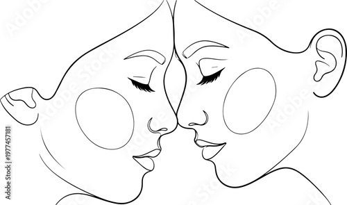 Continuous one line of a mother touching noses with her child, symbolizing affection and intimacy, mother's day, style hand drawing vector illustration.