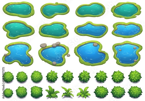 A collection of stylized cartoon game assets featuring various pond shapes and green bushes.