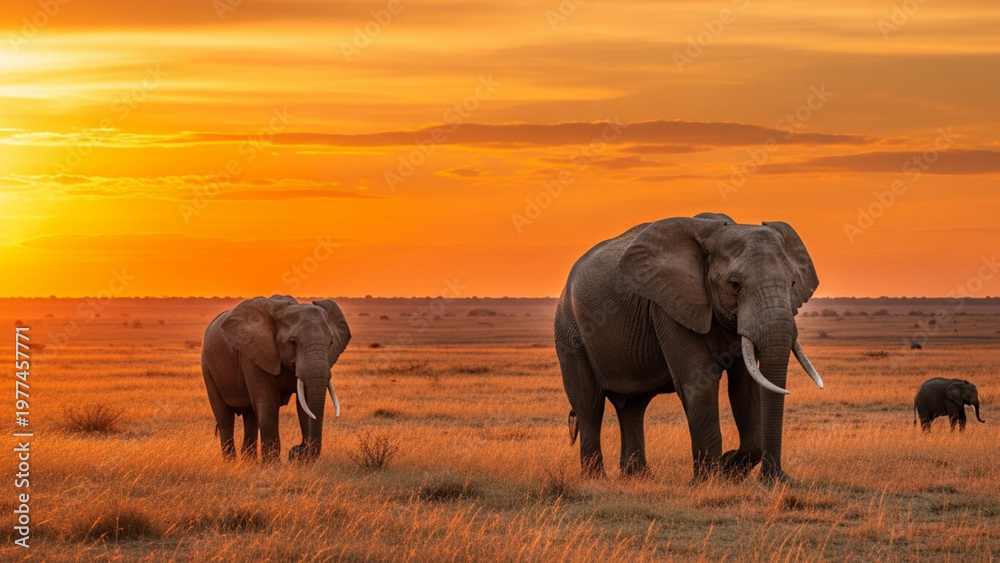 Fototapeta premium African Elephants Family Walking in Savanna at Sunset