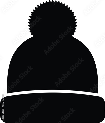 Silhouette black winter beanie hat with pompom for seasonal apparel vector design
