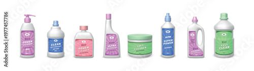 Clean product label. Laundry bottle package, disinfectant spray mockup for chemical cleaner brand, wash gel, plastic containers, packaging design. 3d render isolated vector realistic set