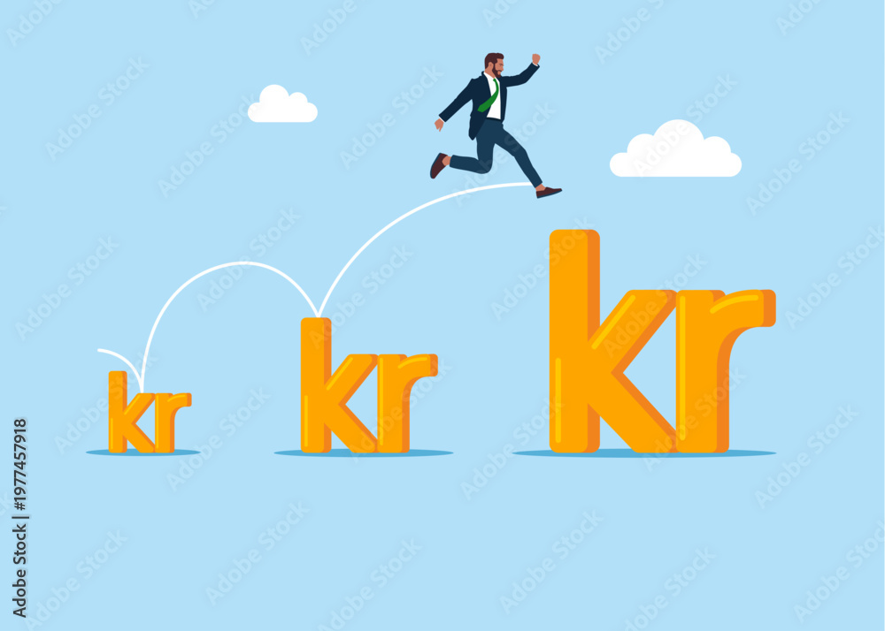 Fototapeta premium Businessman jumping from small to the big Sweden currency Swedish krona money currency symbol. Opportunities, decisions, new ideas. Business strategy, investment, wealth, management. Vector