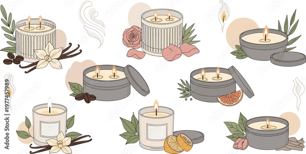Fototapeta premium Aromatic scented candle collection with herbal elements flowers citrus and coffee beans cozy home aromatherapy vector illustration set