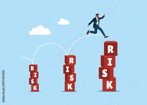 Businessman jumping from small to the big cubic on stack with the word RISK. Risk management, control or assess to lose money in investing. Flat vector illustration