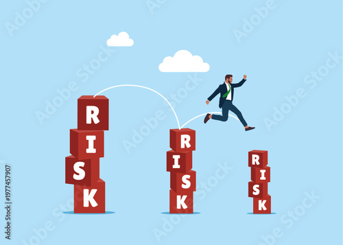 Businessman jumping from big to the small cubic on stack with the word RISK. Risk management, control or assess to lose money in investing. Flat vector illustration
