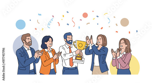 Diverse business team celebrates success with golden trophy and confetti, showcasing teamwork, achievement, and positive corporate culture through clean line art and a cheerful