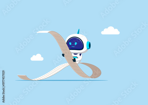 Robot studying paper document. Checking, searching data,  analyzing, inspecting text. Spelling improvement in writing. Flat vector illustration