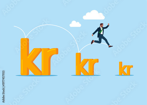 Businessman jumping from big to the small Sweden currency Swedish krona money currency symbol. Opportunities, decisions, new ideas. Business strategy, investment, wealth, management. Crisis